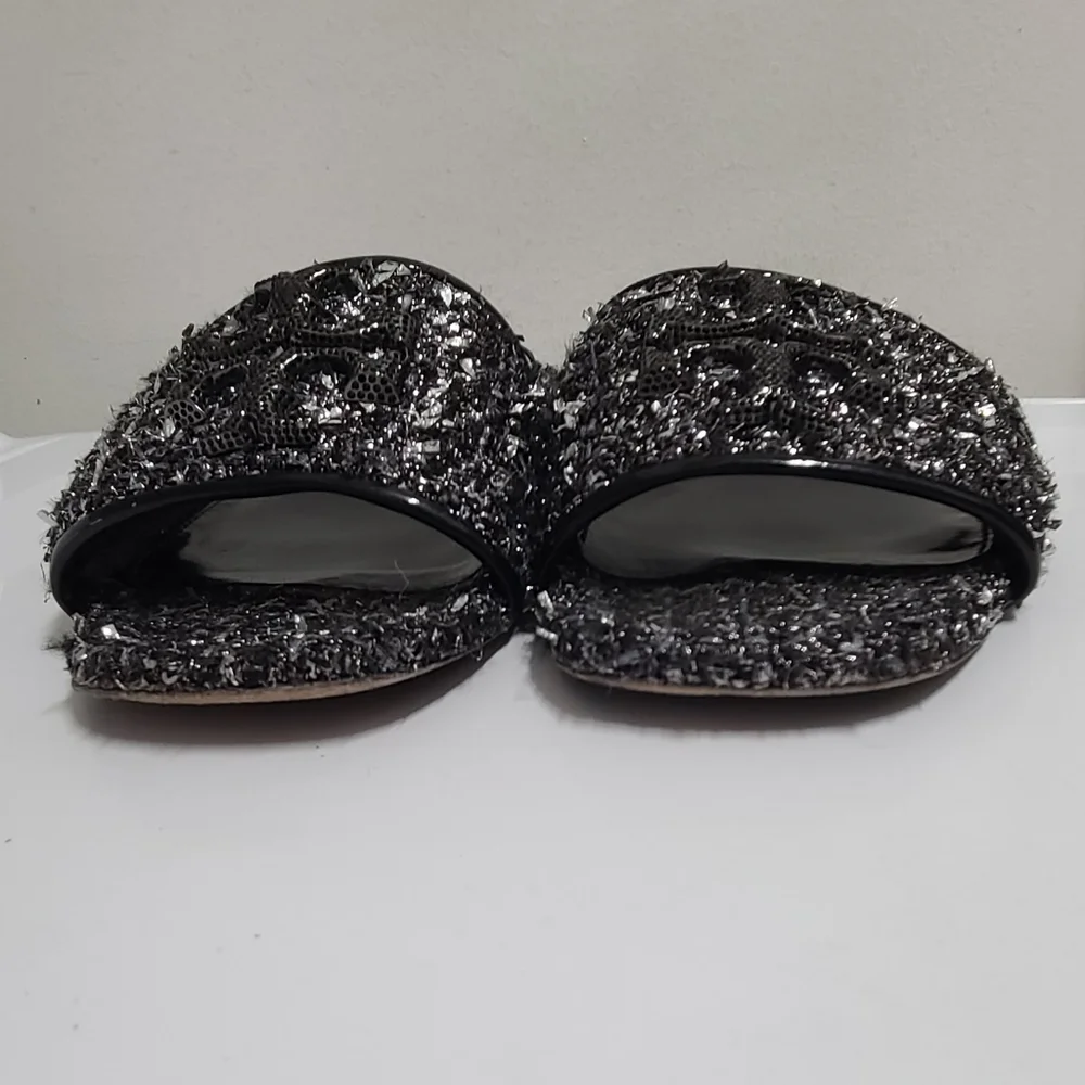 Tory Burch Eleanor Pavé Logo Slide Sandal in Silver Confetti/Perfect Black Sz 8